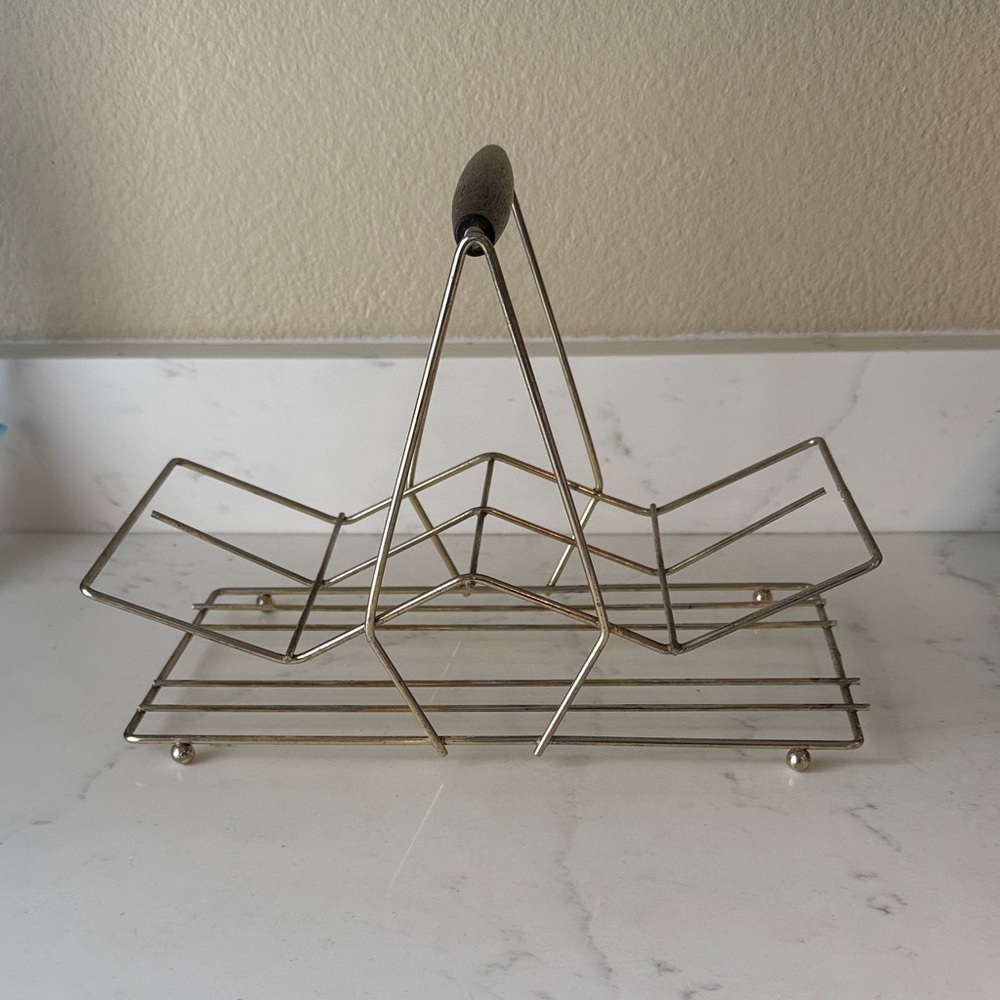 Mid Century Modern Vintage Atomic Glasses Carrier Teak Handle Holds 8